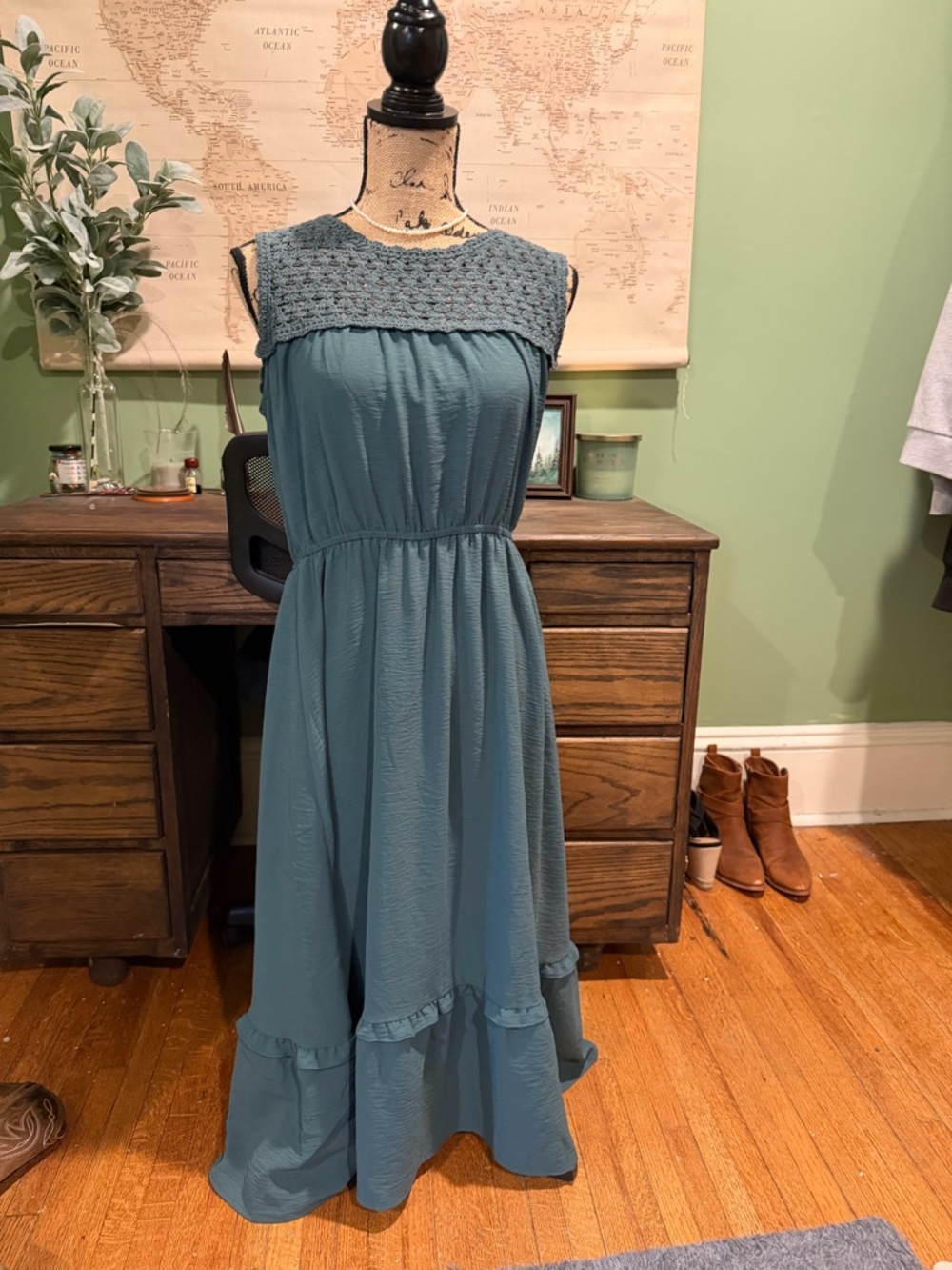 Maurices Teal Sleeveless Midi Dress with Crochet Yoke